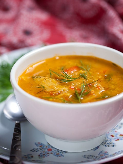 Fish Soup - Learn an exotic, colorful recipe for kosher fish soup from Levana Kirschenbaum. Pareve, Kosher for Passover.