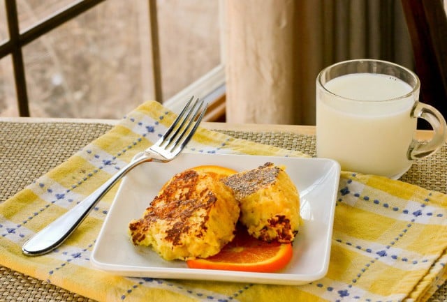 Passover French Toast - Kosher for Passover French toast from Kristy at Eat, Play, Love with homemade Passover citrus sponge cake made from matzo cake meal. Kosher, Dairy, Pesach.