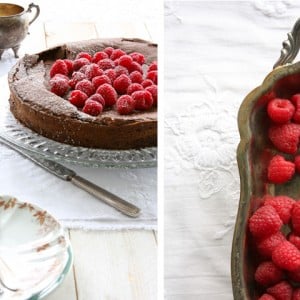 A collage of Flourless Chocolate Hazelnut Cake, one is served on a fancy glass plate topped with raspberries and a serving of raspberries on the left right