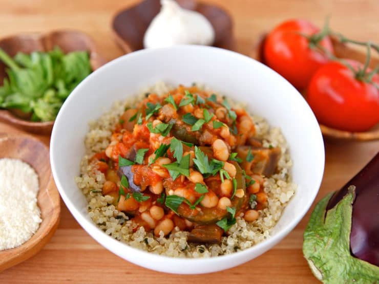 Italian Vegetable Quinoa Bowls - Easy meatless meal with eggplant, zucchini, tomatoes & fresh basil. Inspired by ciambotta, a stew from Southern Italy. Vegan or vegetarian, Kosher.