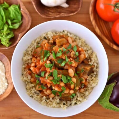 Italian Vegetable Quinoa Bowls - Easy meatless meal with eggplant, zucchini, tomatoes & fresh basil. Inspired by ciambotta, a stew from Southern Italy. Vegan or vegetarian, Kosher.