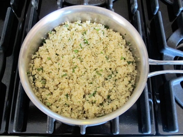 Cooked quinoa in a saucepan.