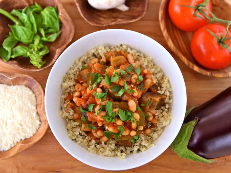 Italian Vegetable Quinoa Bowls - Easy meatless meal with eggplant, zucchini, tomatoes & fresh basil. Inspired by ciambotta, a stew from Southern Italy. Vegan or vegetarian, Kosher.