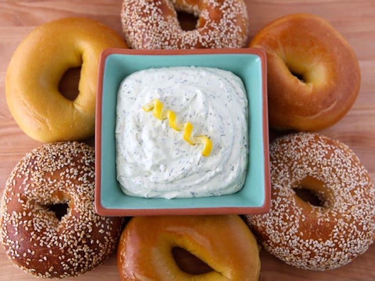 Lemon Dill Schmear - Learn the history of cream cheese and try a recipe for lemony herb cream cheese spread. Bagels, schmear, dairy, kosher.