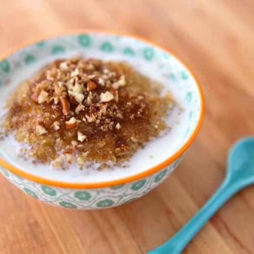 A warm and comforting breakfast dish made with quinoa, sweetened with maple syrup and brown sugar