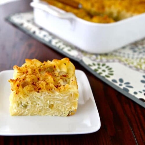 Sweet Lokshen Kugel - Learn to make traditional Yiddish dairy noodle pudding with cottage cheese, sour cream, cream cheese, sugar, and cinnamon. Kosher