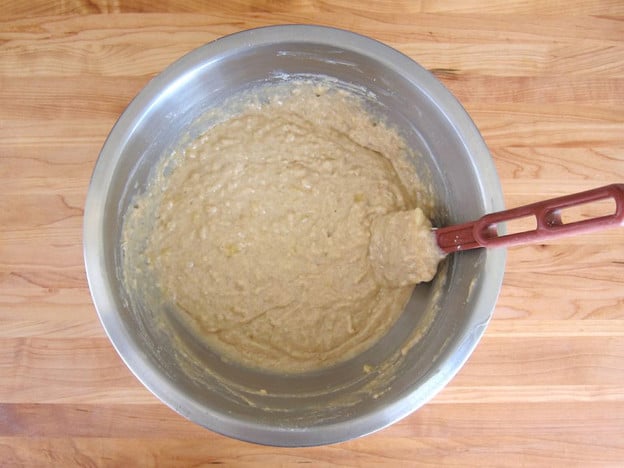 Dry ingredients stirred into wet.