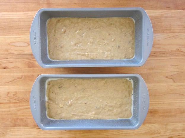 Batter split into two loaf pans.
