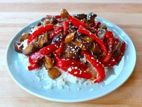 Sweet and Sour Eggplant on a plate.