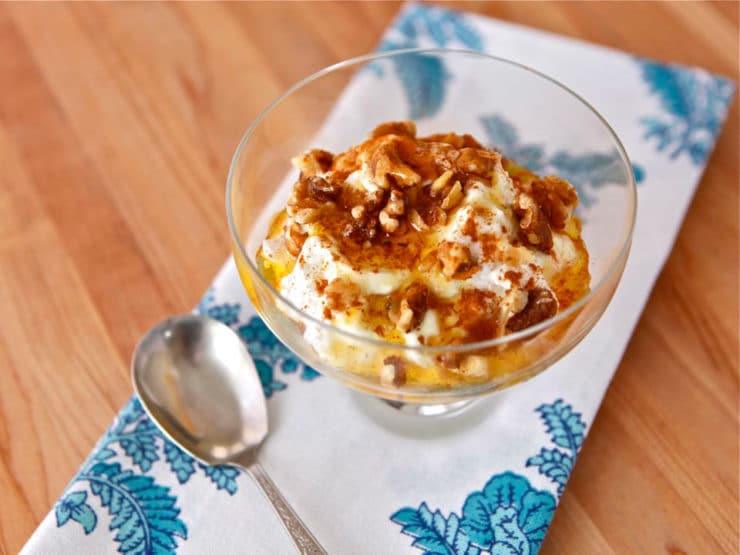 Yiaourti Me Meli - A simple Greek dessert with Greek yogurt, walnuts, cinnamon and honey. A no-bake treat that is full of protein. Vegetarian, gluten free.