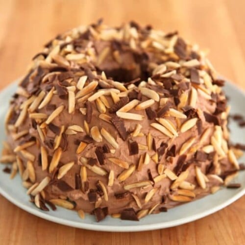 A chocolate cake with crunchy roasted nuts on top served on a white plate