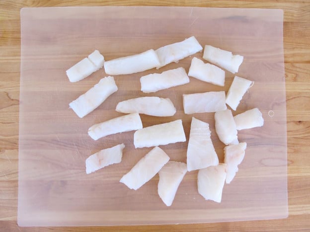 Fish cut into small pieces.