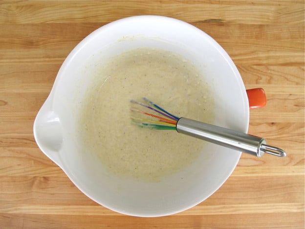 Thick batter in a mixing bowl.