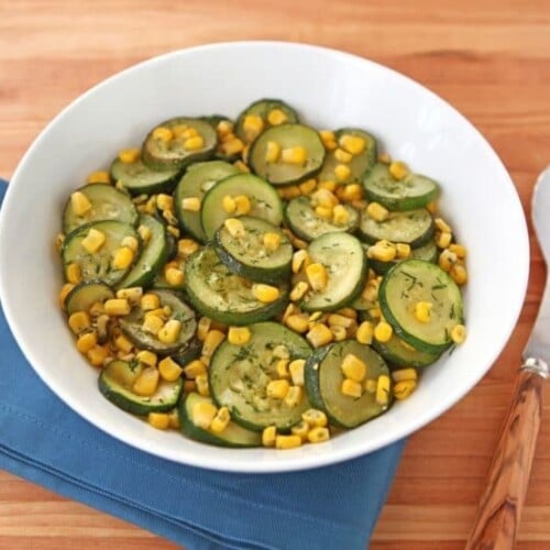 Zucchini Corn Sauté - Dairy free side dish recipe with 6 simple ingredients. Make it in 20 minutes! Vegan Kosher Pareve Healthy