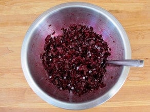 Diced beets tossed with balsamic vinegar.