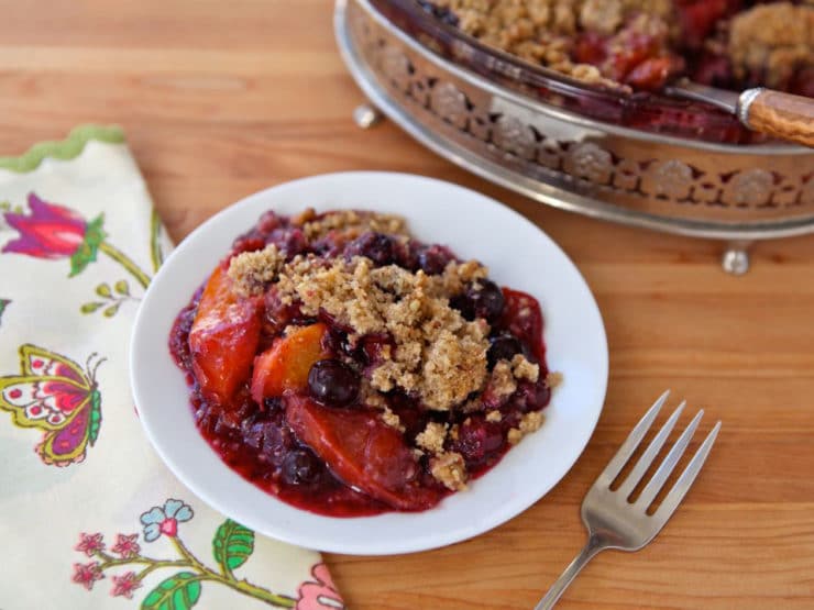 Peach and Blueberry Crisp - A simple seasonal dessert recipe with peaches and blueberries, inspired by the San Francisco Ferry Plaza Farmer's Market. Kosher, Dairy.
