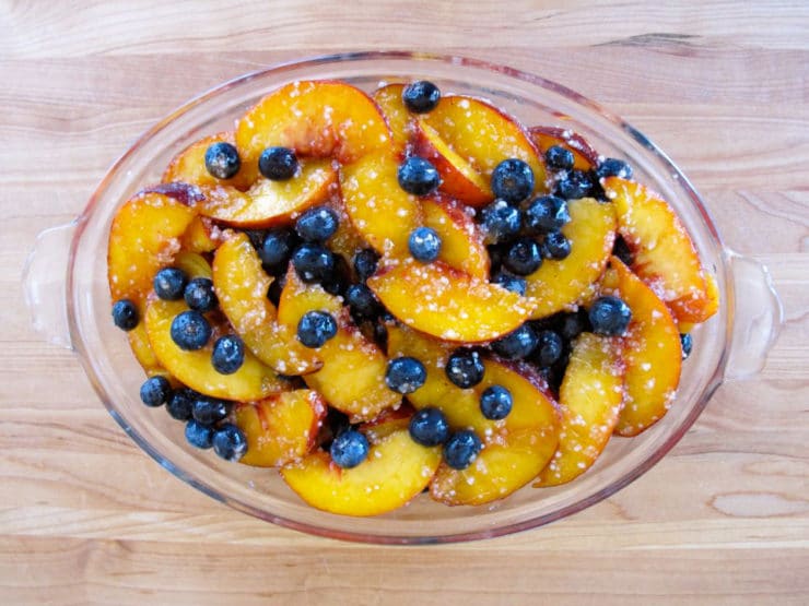 Peach filling in a baking dish.