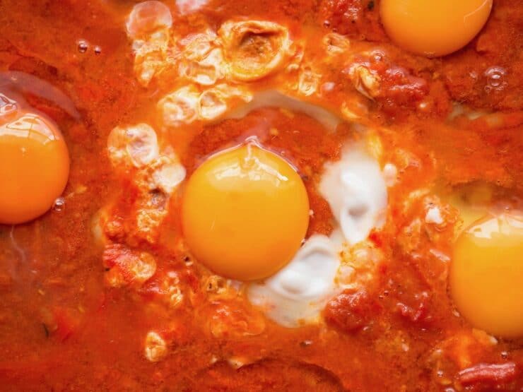 Close up image of raw egg sitting on top of red shakshuka sauce.