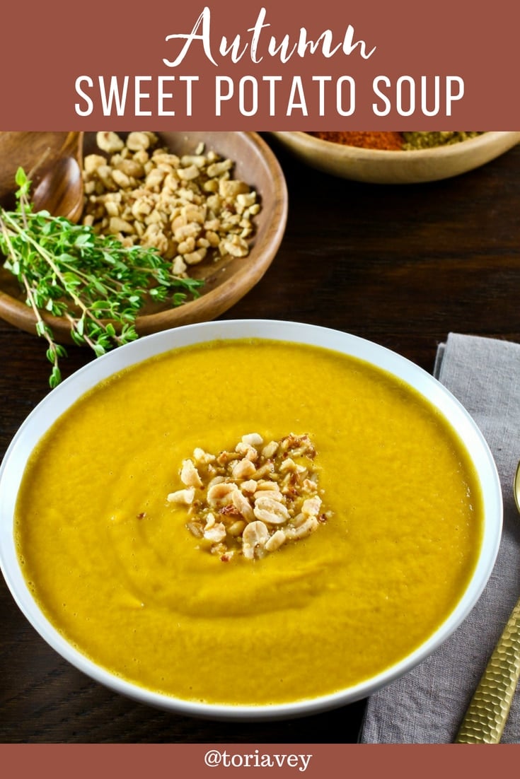 Autumn Sweet Potato Soup - Delicious vegan African-inspired soup recipe with yams, zucchini, tomatoes, and spices. Peanut butter gives it an unexpected, creamy flavor. #autumn #yams #soup #Sukkot #RoshHashanah #TorisKitchen #vegan #vegetarian #glutenfree #cleaneating #healthy #sweetpotatoes #peanutbutter