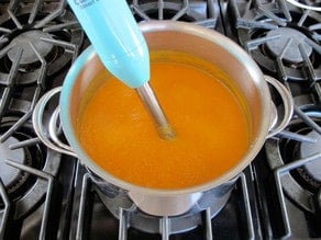 Using an immersion blender in a stockpot.