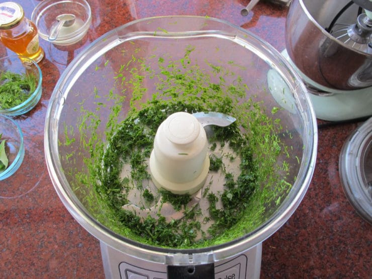 Basil and dill minced in the food processor.