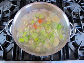 Beef stew in a stockpot.
