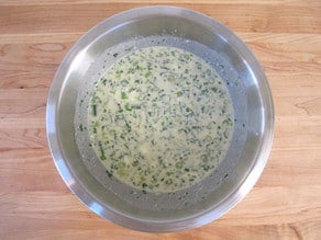 Quiche mixture in a bowl.