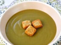 A bowl of Split Pea Soup topped with croutons
