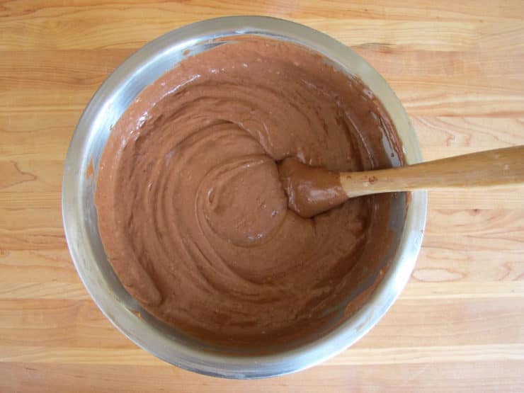 Chocolate cake batter in a mixing bowl.