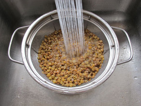 Rinsing cooked lentils.