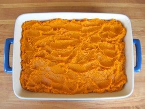 Sweet potato casserole in a baking dish.