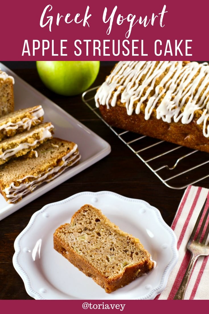Greek Yogurt Apple Streusel Cake - A simple, moist loaf cake with lots of cinnamon, a sweet, nutty streusel topping, and a pretty white icing glaze. | Tori Avey #applecake #toriskitchen #coffeecake #streusel #greekyogurt #baking #easydessert #quickbread #apples