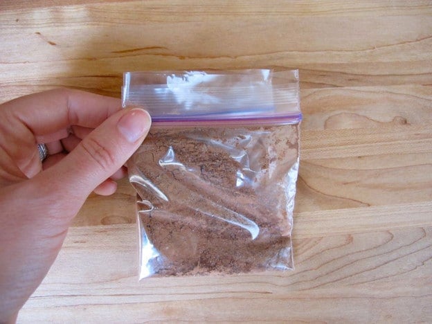 Folding baggie of hot cocoa mix.