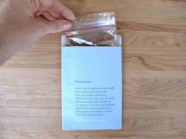 Folding baggie of hot cocoa mix.