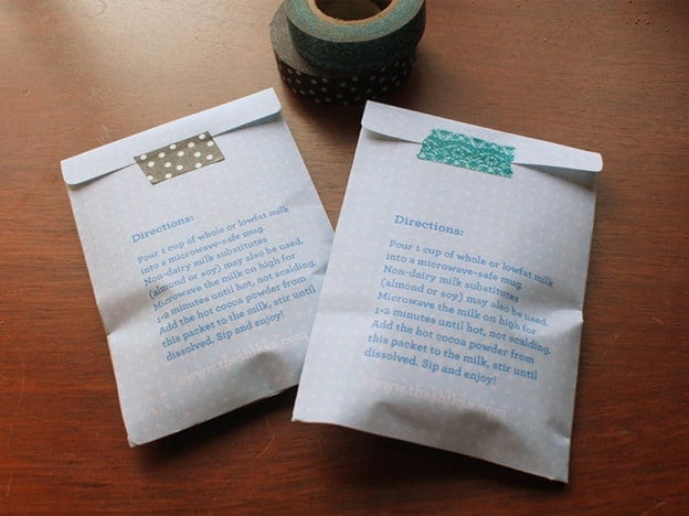 Sealing homemade hot cocoa pack.