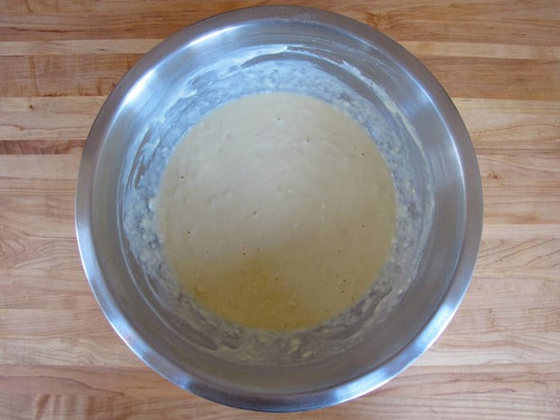 Waffle batter in a mixing bowl.