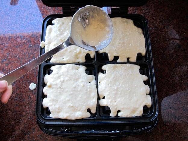 Batter in a waffle iron.