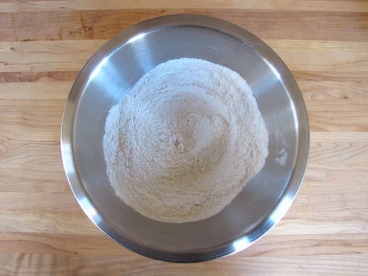 Flour for dredging in a bowl.
