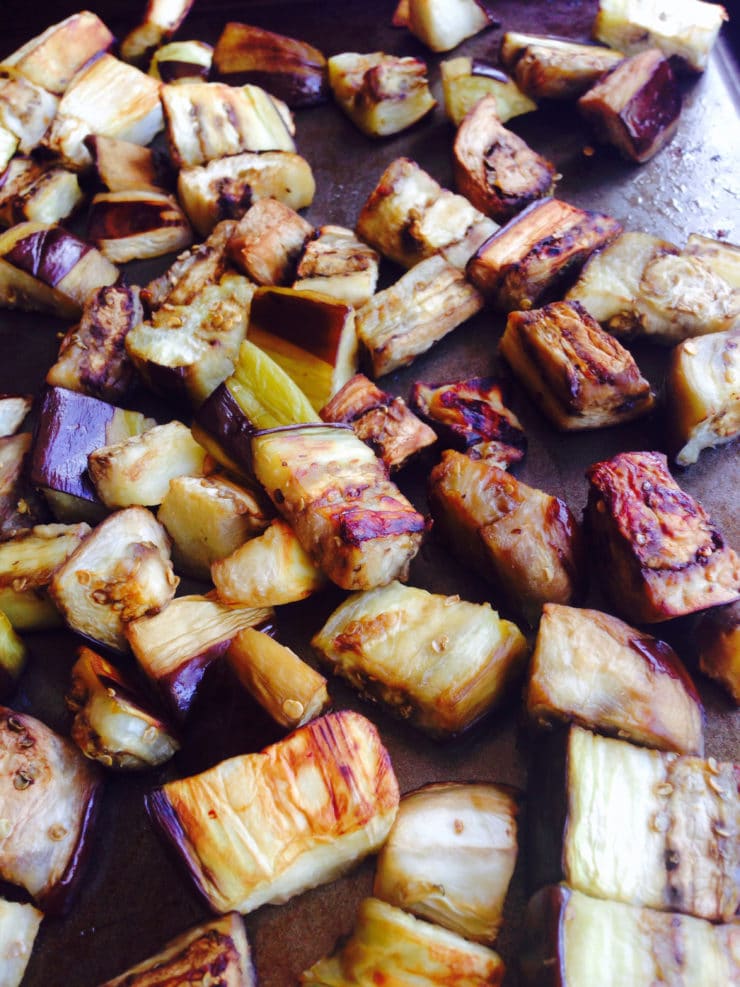 How to Roast Eggplant Cubes - Healthy, less oil than frying, tasty caramelized results. Yummy finger food, or add to your favorite recipe.
