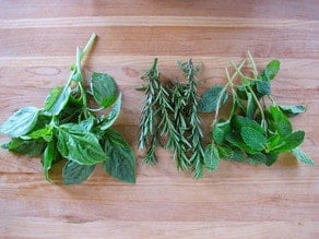 Bunches of rinsed herbs on a cutting board.