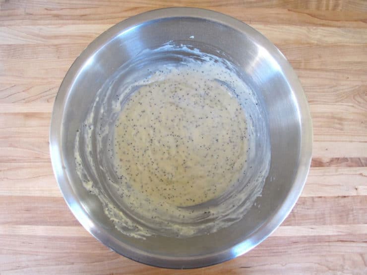 Pancake batter in a mixing bowl.