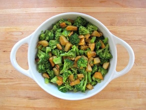 Broccoli and potatoes in a gratin dish.