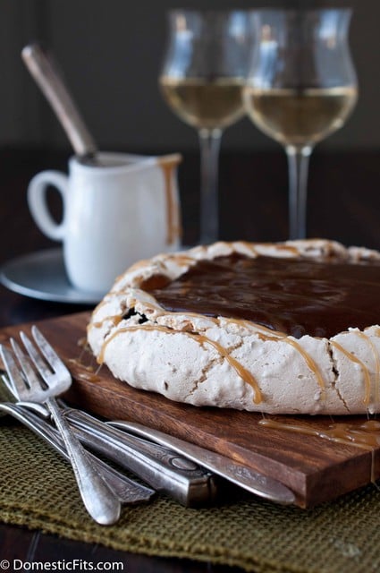 Coconut Pavlova with Cocoa Pudding and Caramel Sauce