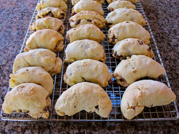 Rugelach cooling on a rack.