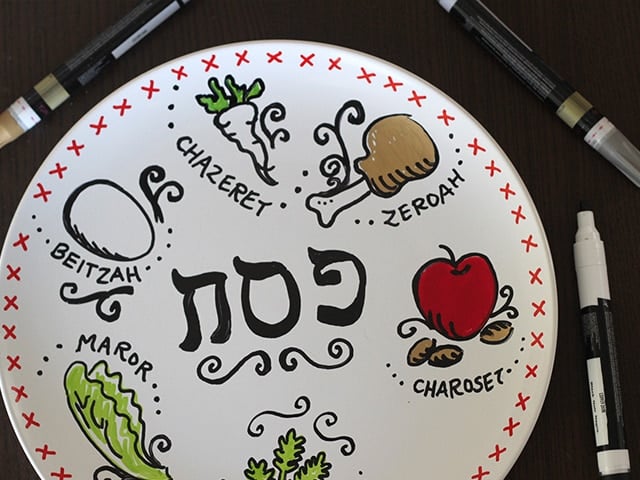 Homemade Seder Plates - Learn to make your own Seder plate at home using a plain white plate and nontoxic paint pens. Easy Jewish holiday craft for kids and family.