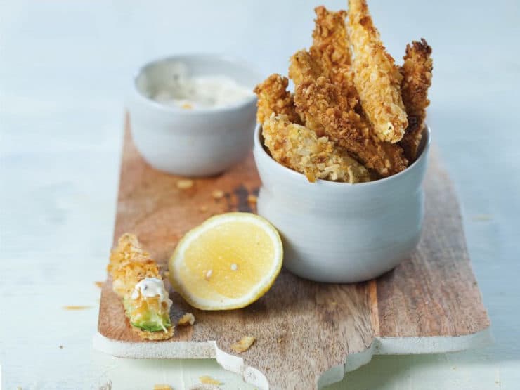 Potato Chip Zucchini Sticks with Lemon Mayo Sauce - Kosher for Passover snack recipe. Crunchy zucchini sticks and a tangy dipping sauce with homemade mayonnaise from Leah Schapira.