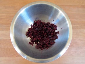 Diced beets in a mixing bowl.