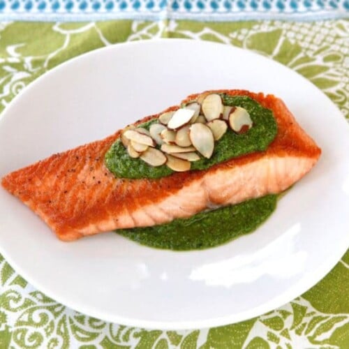 Seared Salmon with Toasted Almond Pesto