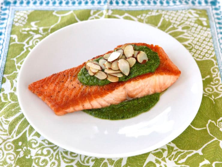 Seared Salmon With Toasted Almond Pesto Easy Healthy Recipe