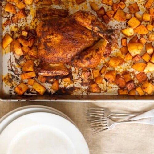 Weeknight Roast Chicken with Potatoes from David Leite - Recipe for roast chicken with red pepper paste and roasted potatoes. A great dish for your family any night of the week. Kosher for Passover.